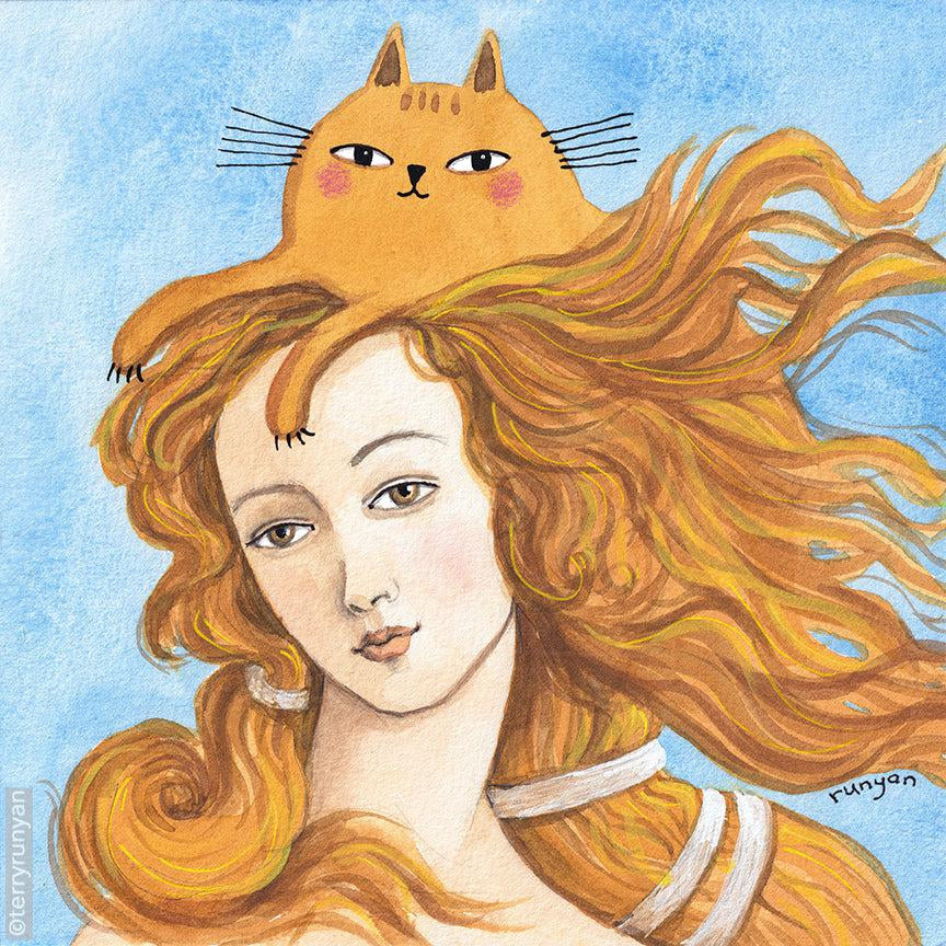 Redhead girl with a ginger 2024 cat original watercolor