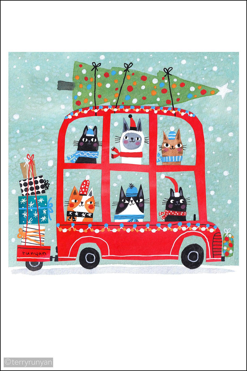 HOLIDAY CAT BUS Greeting Card-Greeting Card-Terry Runyan Creative-Terry Runyan Creative