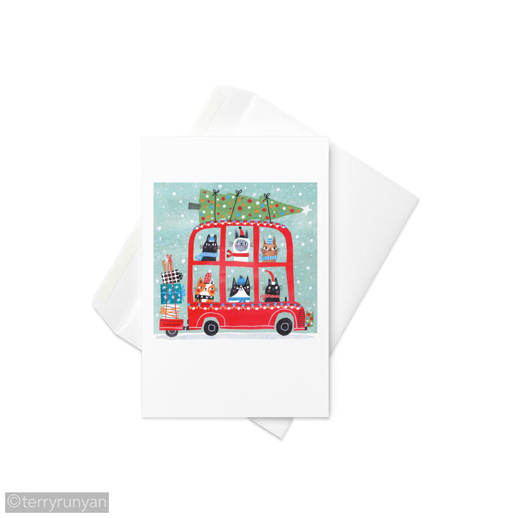 HOLIDAY CAT BUS Greeting Card-Greeting Card-Terry Runyan Creative-Terry Runyan Creative